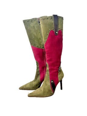 Valentino Garavani Suede Knee High Olive Stiletto Boots 38 Studded Western Italy